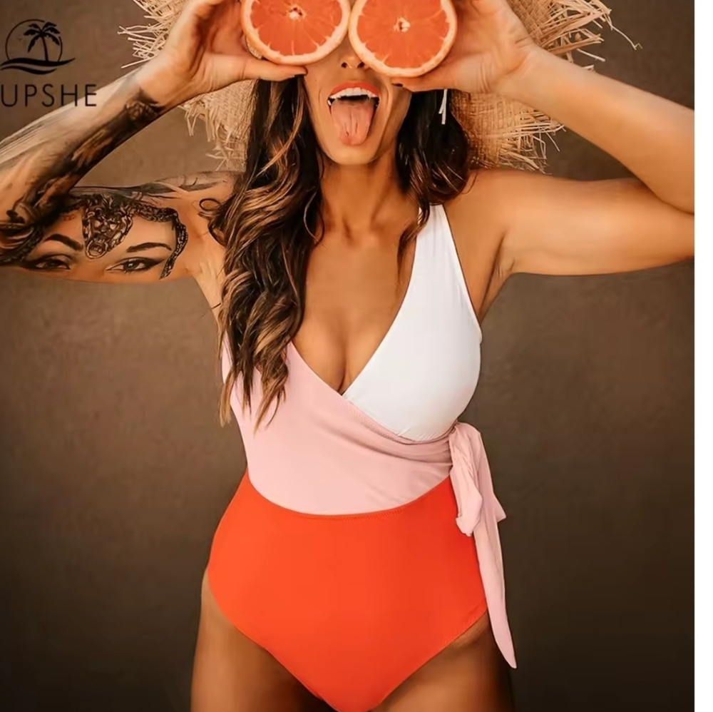 New Cupshe Colorblock Plunging Wrap One Piece Swimsuit Melon/White/Coral Size XL